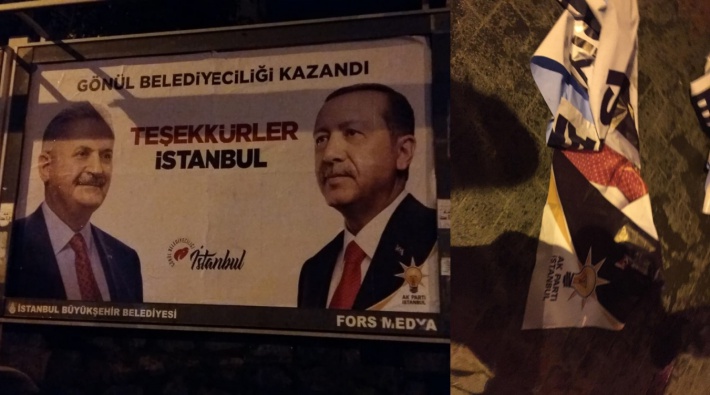 AKP yine afiş astırdı, mahalleli müdahale etti: Afişleri söküp panonun başında beklediler